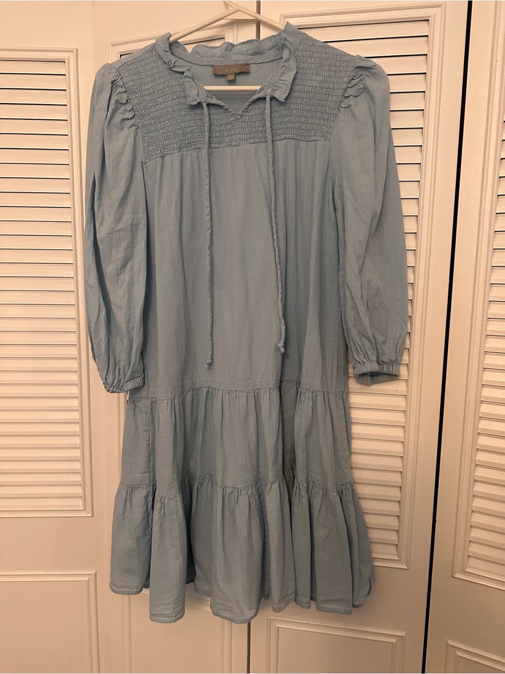 J Gee light  Blue Tiered Smock Dress with Tie Neck